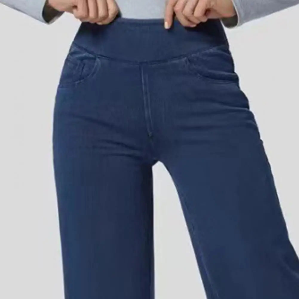 Women Jeans Elastic High Waist Slim Fit Slightly Flared Pull-On Wide Leg Long Denim Pants With Pockets Solid Color Female Jeans